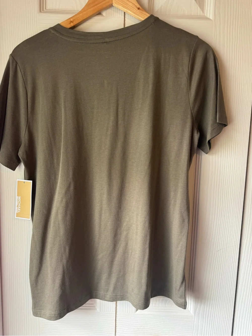 Michael Kors Olive Studded MK Logo Tee with Cream Wide-Leg Pants